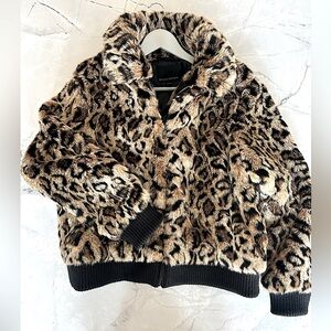 Banana Republic S Leopard Print Faux Fur Bomber Jacket Coat L